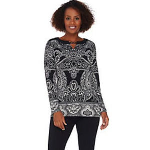 Susan Graver XX-Small Printed Liquid Knit Tunic with Keyhole Trim Grey Black XXS